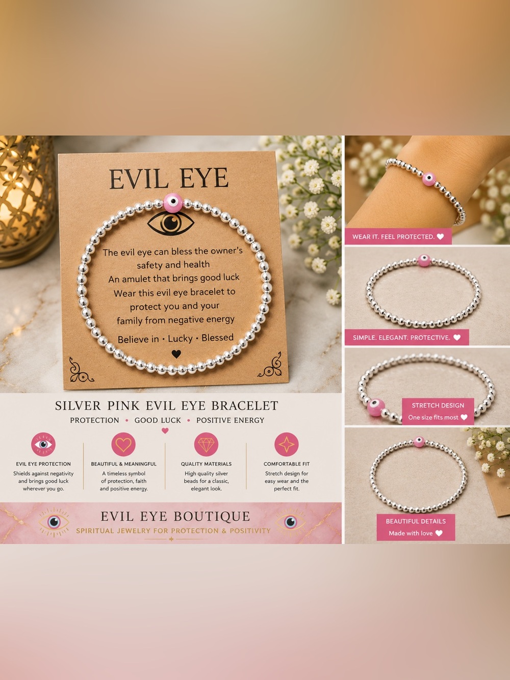 🧿Evil Eye Pink Beaded Bracelet - Silver Bead Bracelet with Pink Eye Charm🧿 #003